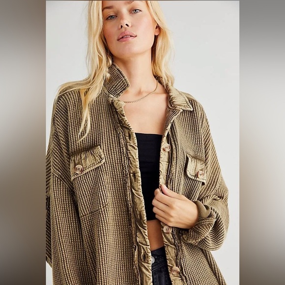Free People scout jacket shacket waffle knit button up Olive Green Women Jacket - Picture 3 of 4